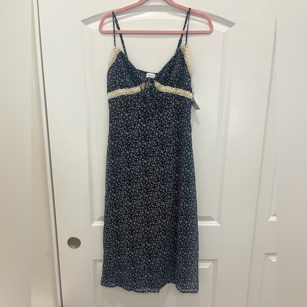 La Hearts Navy Floral Dress with Cream Lace